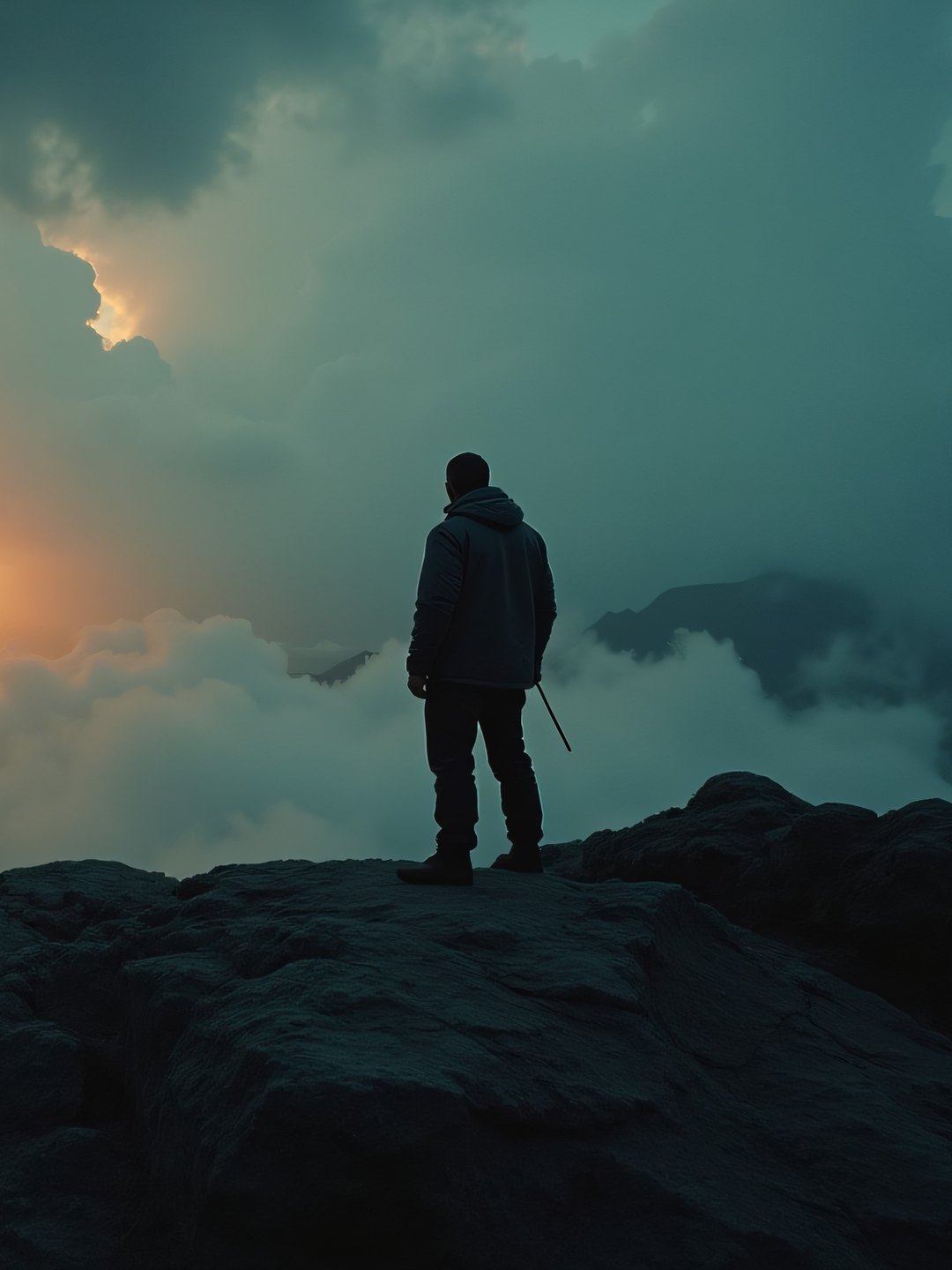 A man standing alone on a summit at first light, looking out over the mountains.